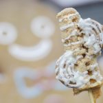 Our Cinnamon Roll Waffle is a cinnamon spice waffle dipped in white chocolate and coated with smashed cinnamon toast crunch cereal.