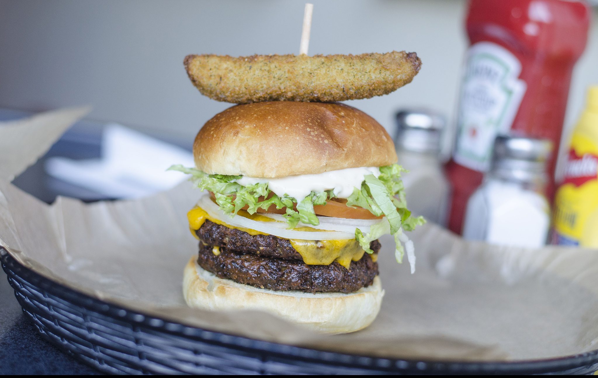 The Dill Pickle Burger from Atmosphere Fine Foods in Windsor, Ontario.